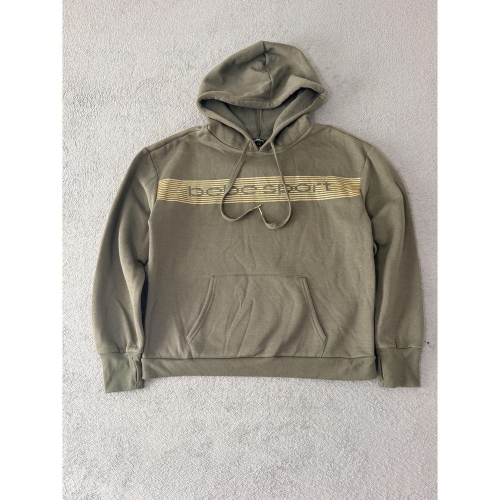 Bebe Sport Hoodie Womens Large Green Stripe Logo Pullover Fleece Kangaroo Pocket
